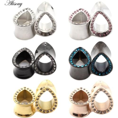 Alisouy 2pcs New Water Drop Teardrop Crystal Zircon Ear Tunnels Expanders Stretcher Gauges Stainless Steel Piercing Body Jewelry