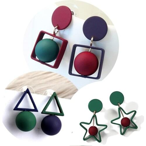 Earings Fashion Jewelry Geometric Circular Triangle Square Pentagon Collision Color Temperament Long Eardrop Green Earrings