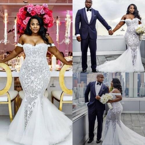 Mermaid Wedding Dresses Modest Plus Size Off Shoulder Trumpet Bridal Gowns Sweep Train Tulle Lace Wedding Dress Custom Made