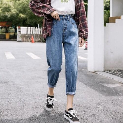 2021 Spring New Women Elastic High Waist Simple Solid Harlan Jeans Cotton Stretch Loose Casual Ankle-Length Denim pants