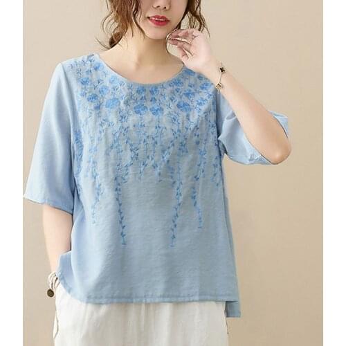 Women Cotton Linen Casual T-shirts New Arrival 2021 Summer Vintage Style Floral Embroidery Loose Female Tops Tees S3929