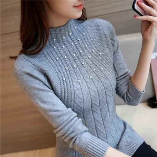 2019 New Korean women slim oblique twist elastic semi fixed bead decoration sleeve head warm turtleneck sweater backing