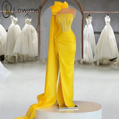Elegant Yellow Long Mermaid Evening Dresses 2021 Strapless Satin Party Pageant Gowns Vestidos Robe De Soirée De Mariage