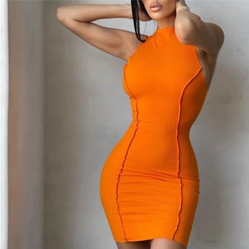 2021 Spring and Summer Sexy Elastic Sheath Dress Women Sleeveless Orange Mini Club Style Dresses