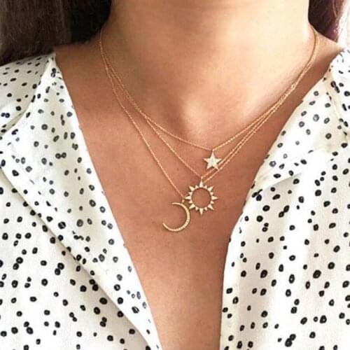Pendant Necklace Sun Star Moon shape pendant crystal setting metal chain gold color plated women girls party gift