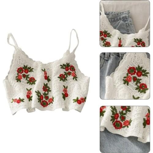 066C Women Vintage Crochet Knitted Camisole Floral Embroidery Sleeveless Crop Top Bralette Bohemian Beach Bikini Bustier Vest