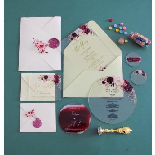 Free shipping 2020 custom Burgundy acrylic wedding invitation card,wine red flowers menu acrylic card