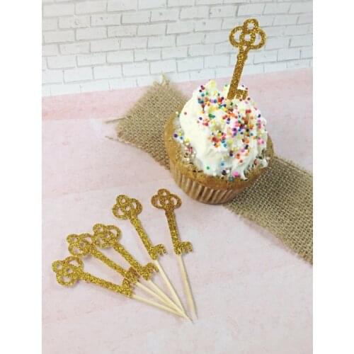 Glitter gold key birthday cupcake toppers wedding bridal shower party decoration doughnut dessert picks