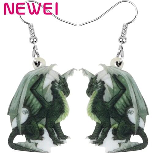 Newei Acrylic Sweet Green Dragon Dinosaur Earrings Printing Big Long Animal Dangle Drop Jewelry For Women Kids Gift Accessories