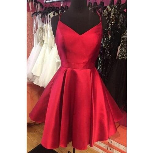 Elegant Short Satin V-Neck Homecoming Dresses with Pockets Criss Cross Back Knee Length Red Abendkleid Robes de Soirée for Women