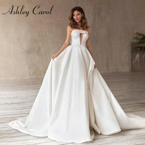 Ashley Carol A-Line Wedding Dress 2021 Elegant Satin Strapless Backless Bride Dresses Sleeveless Vestido De Noiva De Princesa