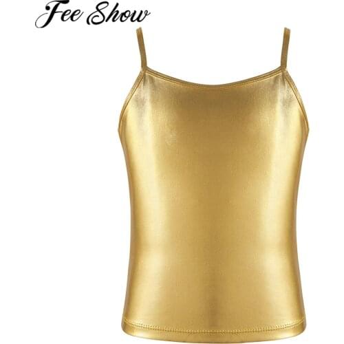 FEESHOW Kids Girl Vest Clothes Tops For Girls Shiny Metallic Tops Tank Top Ballet Dancing Stage Performance Dance Wear Costume