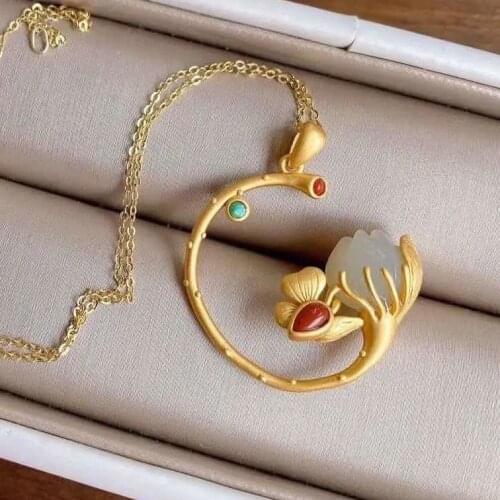 Natural Hetian jade lotus canopy Pendant Necklace Chinese style retro unique design designer craft charm womens silver jewelry