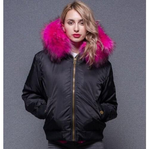 JANEFUR Winter Jacket Women Real Raccoon Fur Coat Collar Hood Raccoon Fur Liner Detachable