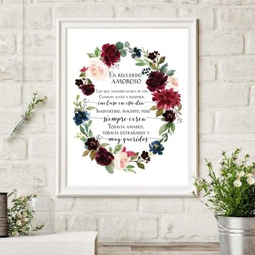 En recuerdo amoroso Spanish In Loving Memory Quote Art Canvas Painting Wedding Memorial Sign Decor Watercolor Floral Prints