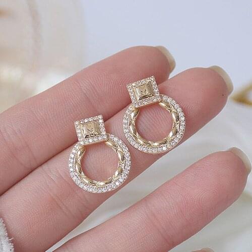 Korea Hot Selling Fashion Jewelry 14K Real Gold Plating Copper Inlaid AAA Zircon Earrings Elegant Square Round Womens Earrings