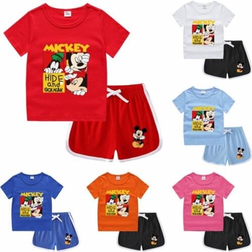 Disney Summer Boys' and Girls' Sportswear Round Neck T-shirt Hot Pants Baby 2PC Base Coat Sweat Absorbing Candy Baby Suit 2-8y