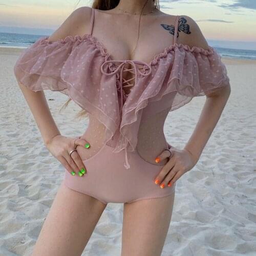 2021 New Sexy Solid One Piece Swimsuit Female Lace Bodysuit Brazilian Bandage Swimwear Women Bathing Suit Beach Wear