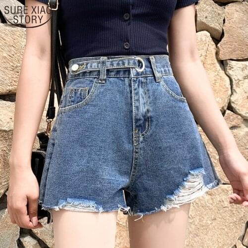 Solid Button Wide Leg Womens Shirts Plus Size New Korean Style Ripped Shorts Loose High Waist Slim Straight-Leg Shorts 9515