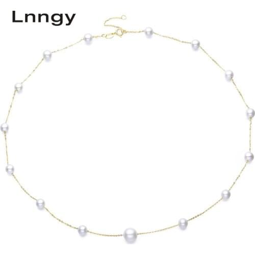 Lnngy 18K Solid Yellow Gold Chain Natural Cultured Freshwater Pearl Pendant Jewelry Choker Hot Sale Pearl Necklace for Women