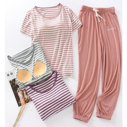 Pajamas with chest pads womens modal striped home service summer suit short-sleeved trousers thin section can be worn outside
