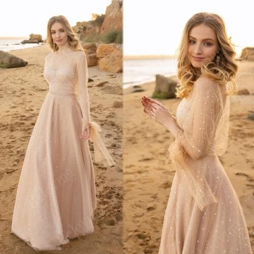 2021 Long Sleeves Bohemian Wedding Dresses Beaded Bridal Gowns Boho Illusion Beach Bride Dress Vintage Plus Size Robe De Mariee