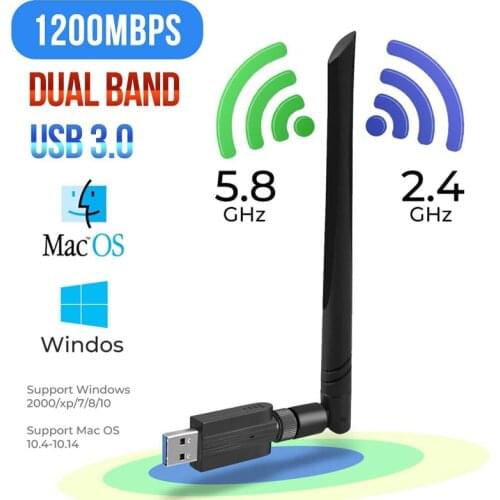 AMKLE USB Network Card Wireless 1200 Mbps WIFI Adapter 5Ghz 2.4Ghz Antena Receiver Dual Band Dongle For Max and Windows OS