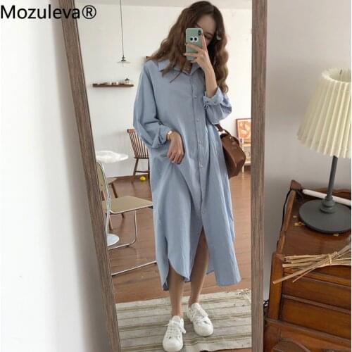 Mozuleva Chic Single-breasted Loose Women Dress Turn-down Collar Female Dress Full-sleeve Long Vestidos Femme 2021 Streetwear