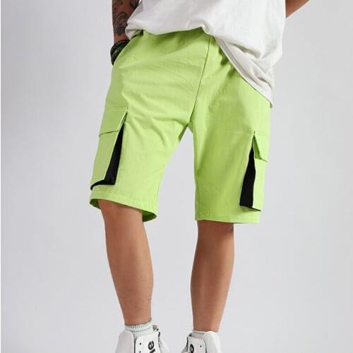M-5xl Mens Shorts Summer Fluorescent Green Big Pocket Cotton Shorts Mens Shorts Summer Full Cotton Pants Men Hip Hop Shorts