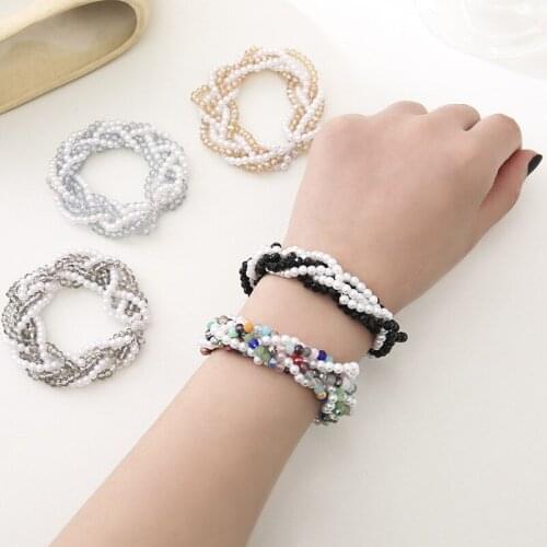 Bohemian Handmade Crystal Simulated-pearls Braided Beaded Elastic Hair Bands Shimmer Hair Tie Double-way Used Bracelet Head Band