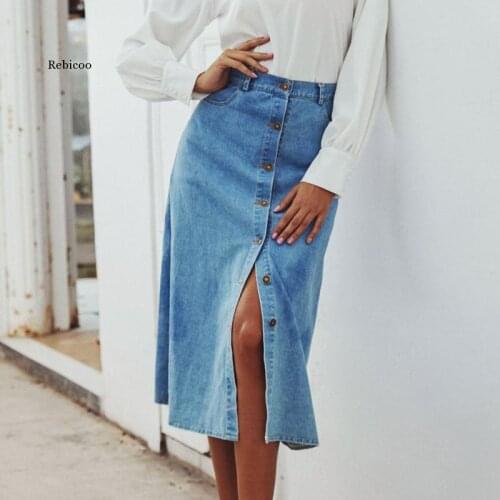 Summer women Elegant vintage long skirts womens 2021 retro Denim Womens Washed Blue High Waist Denim Skirt female skirts