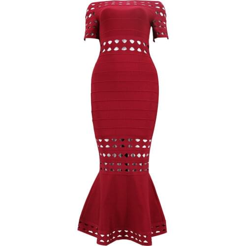 Womens Trumpet Maxi Bandage Dress Summer Slash Neck Hollow Out Fashion Elegant Club Party Evening Celebrity Bodycon Dresses