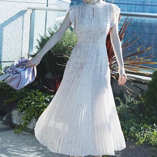 2021 Spring New Elegant Slim Pleated Dresses High Waist Hollow Out Design Sleeveless Dress for Women Chic Print Vestidos Mujer