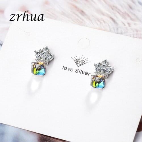 ZRHUA Poetic Square Colorful Rhinestone Silver Color Drop Earrings for Women Fashion Statement Jewelry Crown Shape