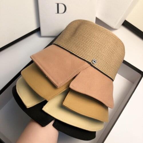 2021 Cap New Spring Summer Women Straw Splicing Bucket Hats Fashion Casual Collapsible Travel Shading Sun Hats QDKPOTC