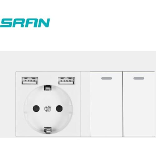 SRAN EU socket with rocker switch,220v 16A wall power socket with usb 146*86 pc panel with light switch 2gang 1/2way