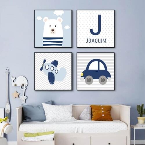 Cartoon Blue Car Airplane Bear Personalized Babys Name Custom Poster Nursery Prints Wall Art Canvas Boy Bedroom Decoration