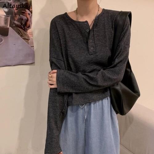 Solid Long Sleeve T-shirts Women Button Elegant Basic Tops Soft Spring O-neck Japanese Style All-match Loose Fashion Mujer Ins