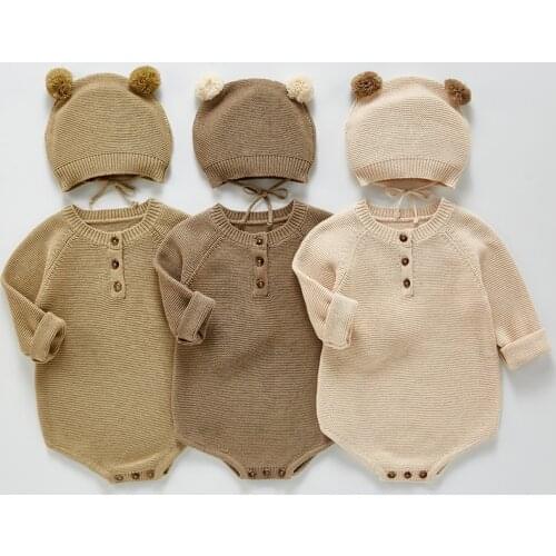 Korean Style Toddler Baby Girl Boys Solid Color Knitting Romper+Hat Infant Baby Jumpsuit Spring Autumn Baby Girls Clothes