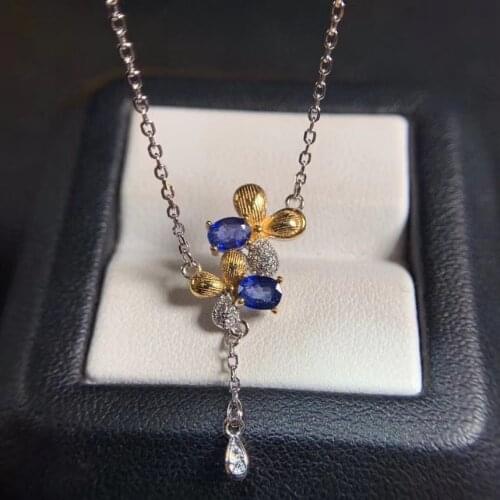 Lovely Plum blossom Clover Natural blue sapphire Necklace natural gemstone Pendant Necklace S925 silver women party gift Jewelry