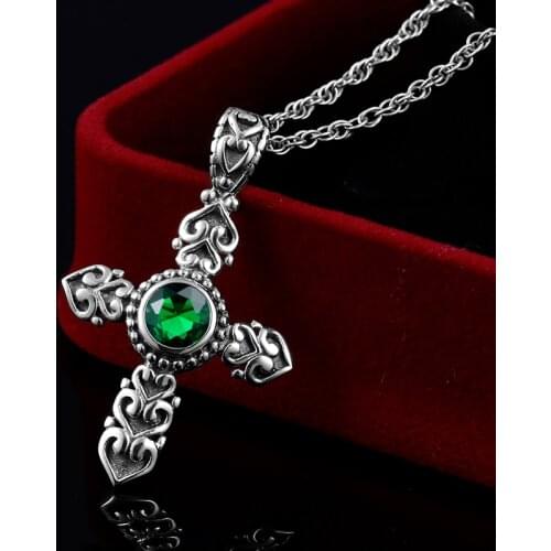 Womens Cross Pendant Necklace Green Silver Cross 925 Pendants and Necklaces Emerald Crosses for Women Man Jewelry Neck Pendants