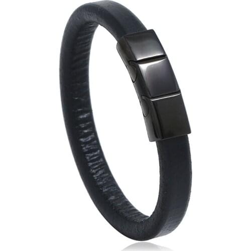 Simple black Stainless steel magnetic buckle leather bracelets for men punk Wristband pulsera hombre guitar accessories atacado