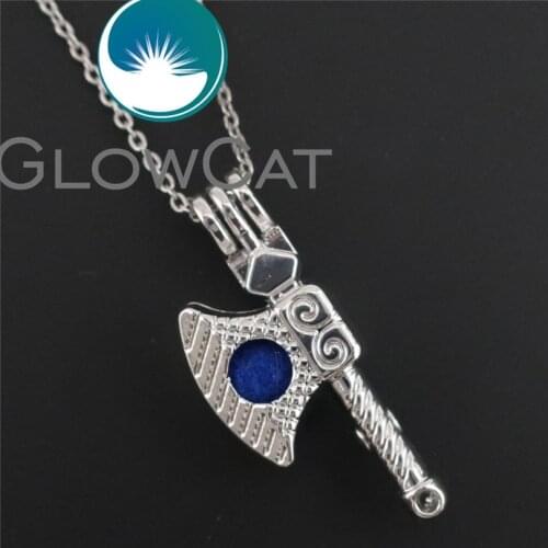 R-K633 Axe Hatchet Symbol Beads Cage Essential Oil Diffuser Oyster Pearl Cage Locket Pendant Necklace Men Boys Gift