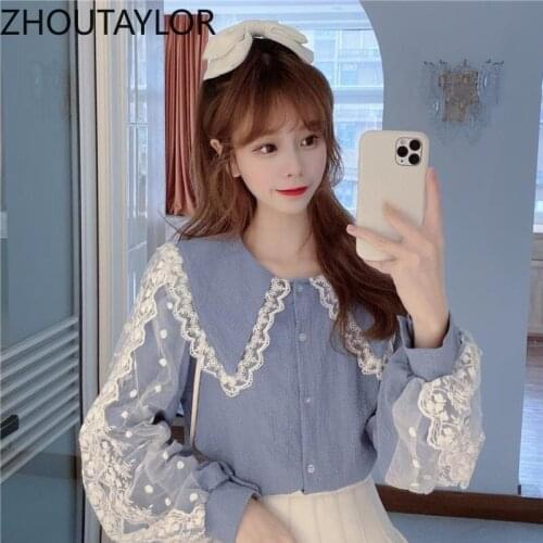 ZHOUTAYLOR Women Shirts Sweet Peter Pan Collar Full Sleeve Office Lady Blouse Female Single Breasted Straight Autumn Tops Femme
