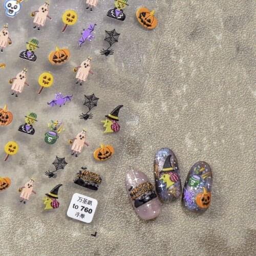 Halloween Series 5D Embossed Nail Sticker Cartoon Pumpkin Lantern Spider Ghost Wizard Decals for Nail Art DIY Decoration Tools