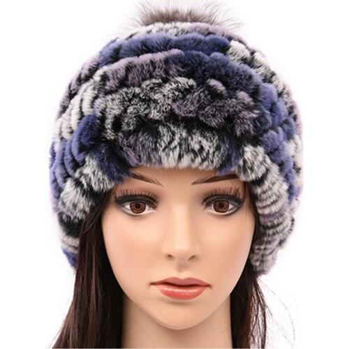 TopFurMall) Multi Color Genuine Knitted Rabbit Fur Beanies Hats Fox Pom Poms Winter Caps Fashion Ear Protector Headgear LF6001