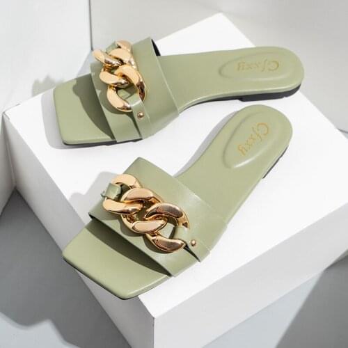 2021 Women Slippers Causal Ladies Square Toe Flat Outdoor Slides Fashion Metal Decoration Female Shoes Open Toe Beach Lady Shoes