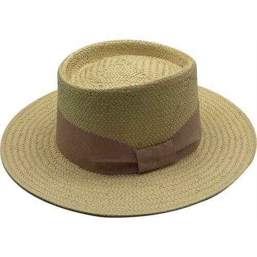 Ladies Handmade Natural Straw Hat Summer Beach Hat for Women Men Panama Cap Fashion Concave Flat Protetion Visor Sun Boat Hats