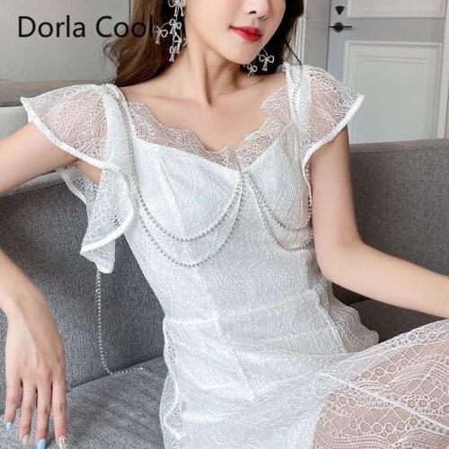 High end Women Irregular Lace Dress Slim Luxury Diamonds Chain Tassel Sweet Ladys Perspective Party White Dresses Korean Style