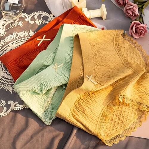 Wasteheart New Women Fashion Yellow Cotton Mid Lace Bow Waist Panties Underwear Lingerie Underpants Briefs F Seamless